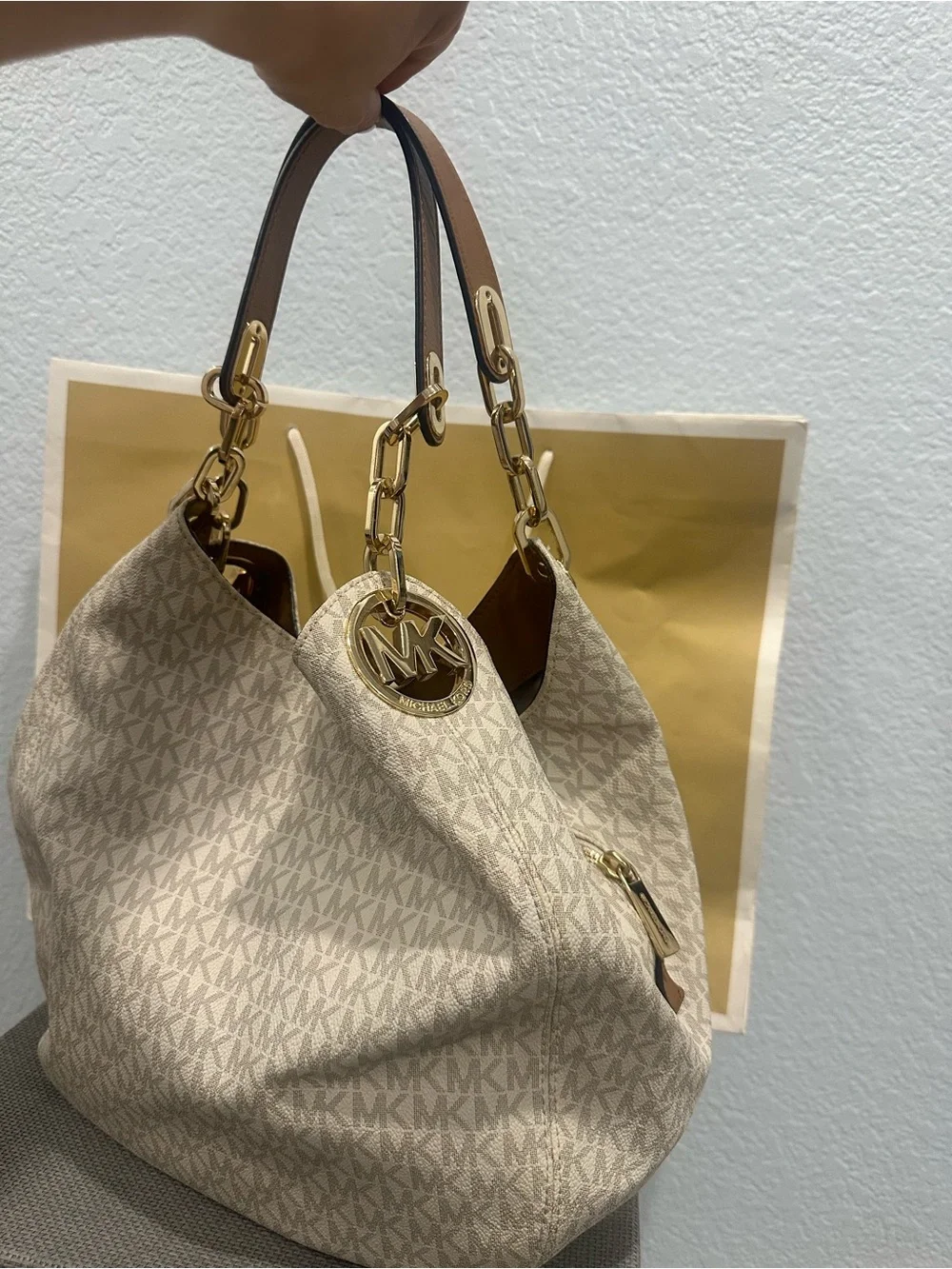 Michael Kors Light Gray Faux Fur Knit Earmuffs with Logo Accent